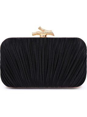 Women's Black Pleated Clutch Purse For Formal With Chain Evening Bag